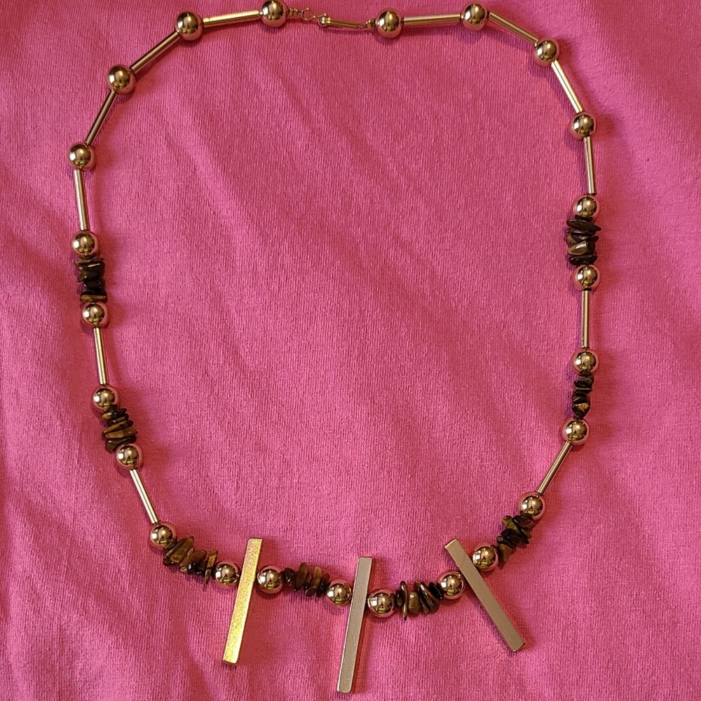 VINTAGE 80s Statement Necklace Tiger Eye Gold Tone Bars Beads
